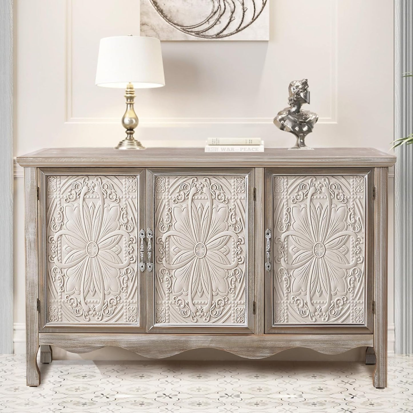 RoyalCraft Farmhouse Buffet Cabinet Solid Wood Sideboard Storage Table, Gray