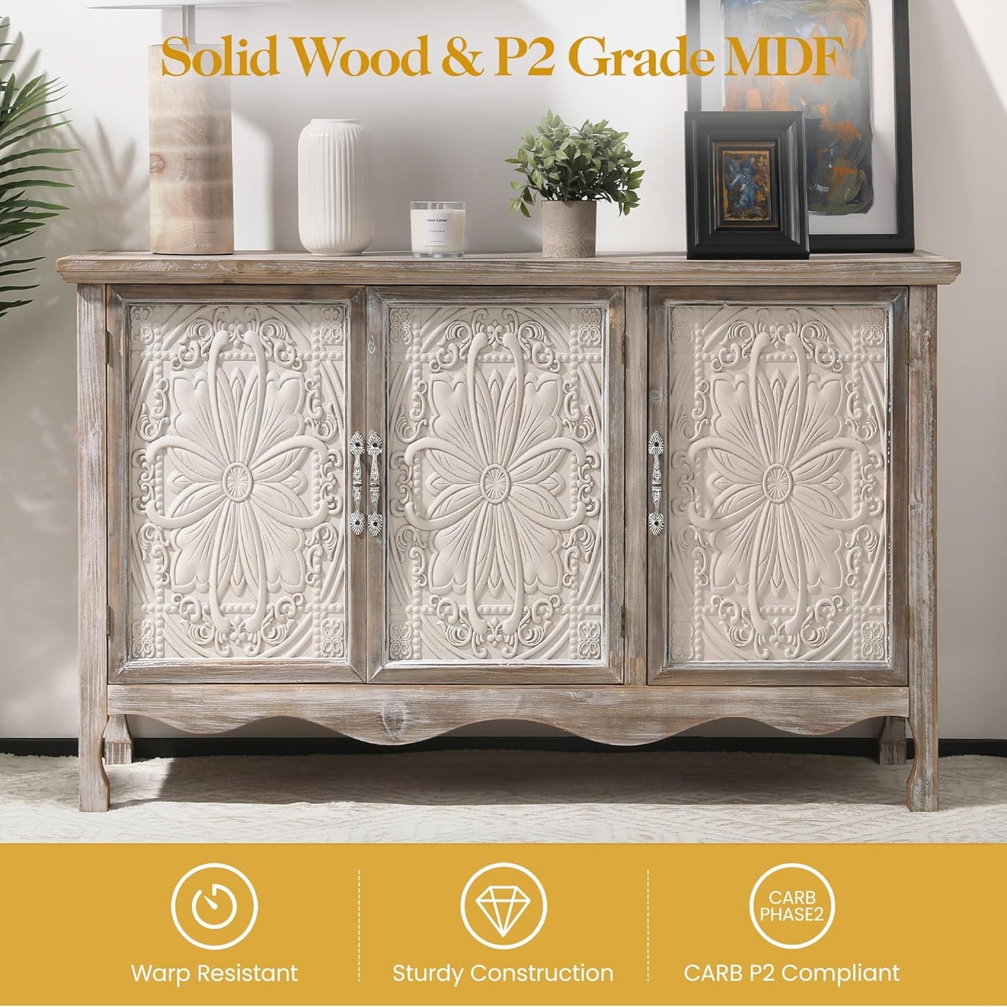 RoyalCraft Farmhouse Buffet Cabinet Solid Wood Sideboard Storage Table, Gray