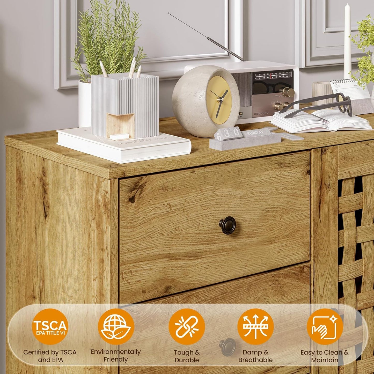 RoyalCraft Accent Storage Cabinet Sideboard Drawers Adjustable Shelves Natural