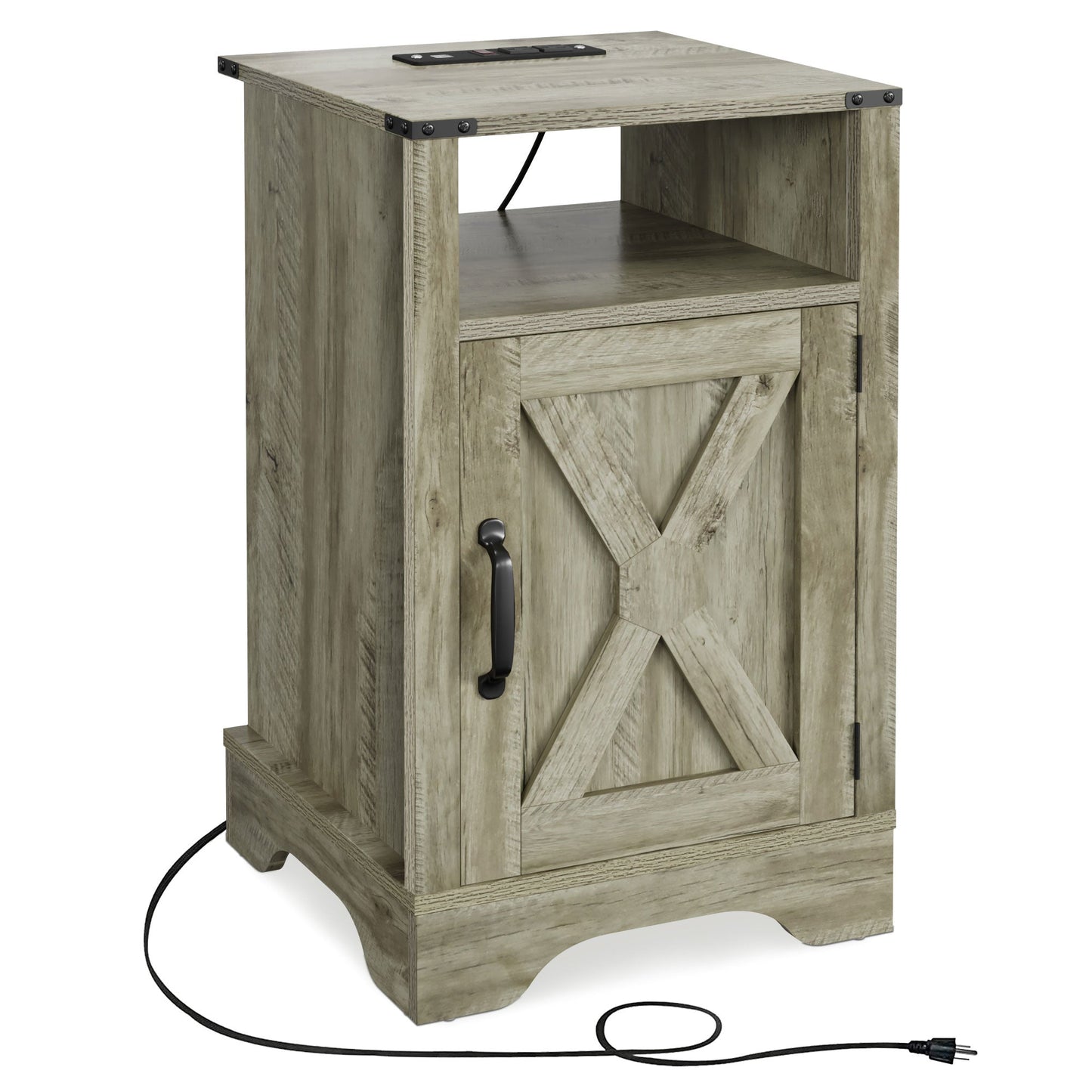 RoyalCraft Farmhouse Nightstand, Bedroom Table with Charging Station, Light Grey
