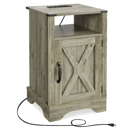 RoyalCraft Farmhouse Nightstand, Bedroom Table with Charging Station, Light Grey