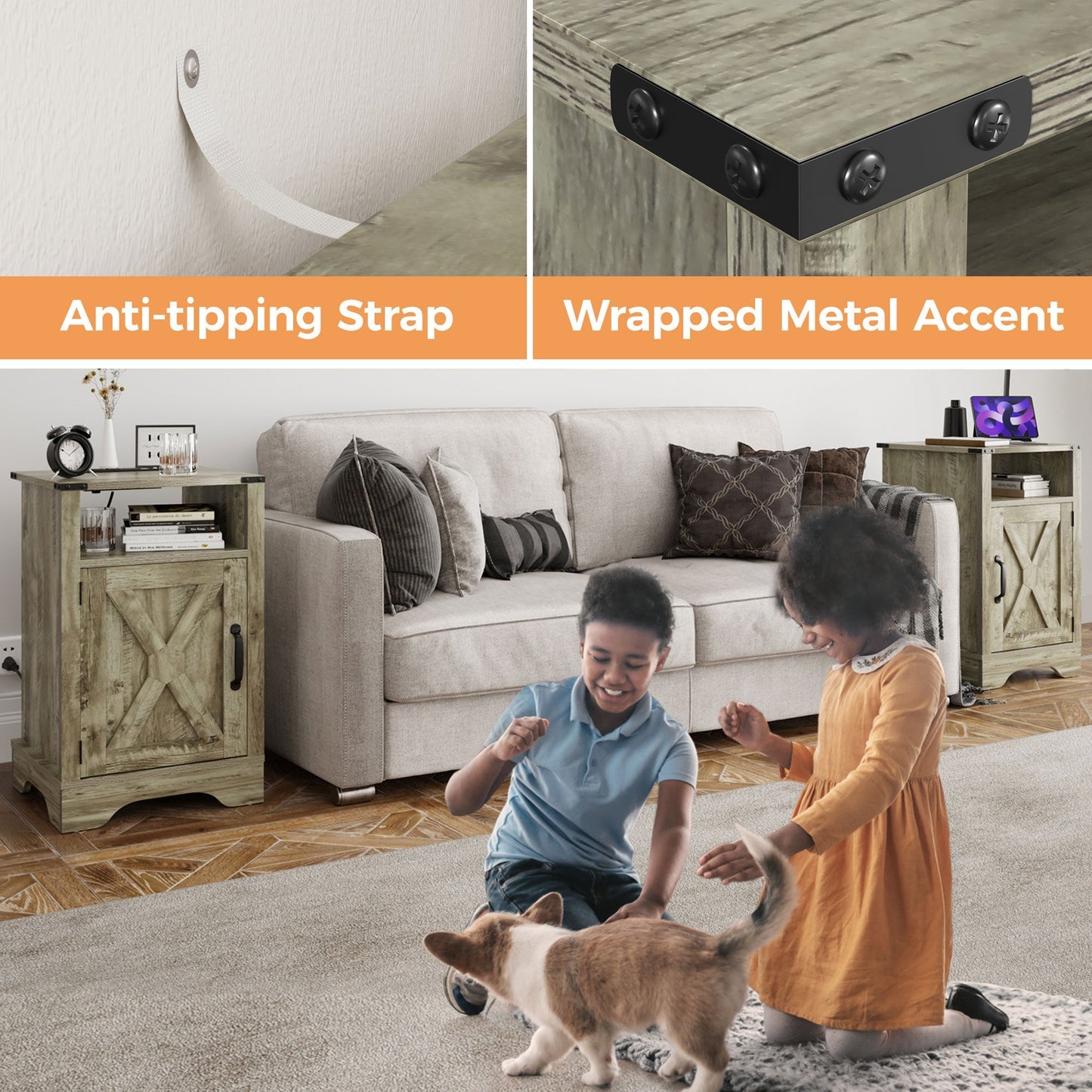 RoyalCraft Farmhouse Nightstand, Bedroom Table with Charging Station, Light Grey