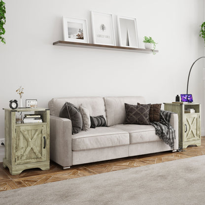 RoyalCraft Farmhouse Nightstand, Bedroom Table with Charging Station, Light Grey