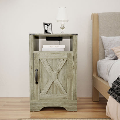 RoyalCraft Farmhouse Nightstand, Bedroom Table with Charging Station, Light Grey