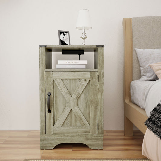 RoyalCraft Farmhouse Nightstand, Bedroom Table with Charging Station, Light Grey