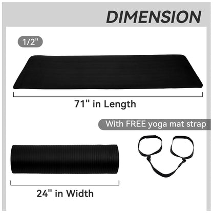Fitvids 1/2-Inch Thick High Density Exercise Yoga Mat, Carrying Strap, Black