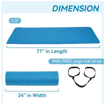 Fitvids 1/2-Inch Thick High Density Exercise Yoga Mat, Carrying Strap, Blue