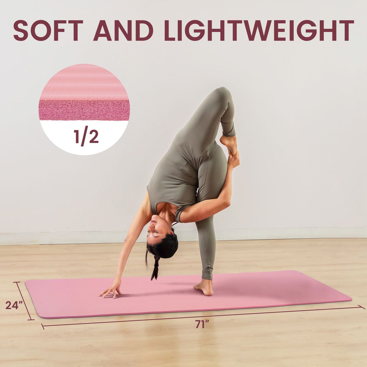 Fitvids 1/2" Thick High Density Exercise Yoga Mat, Carrying Strap, Pale Pink