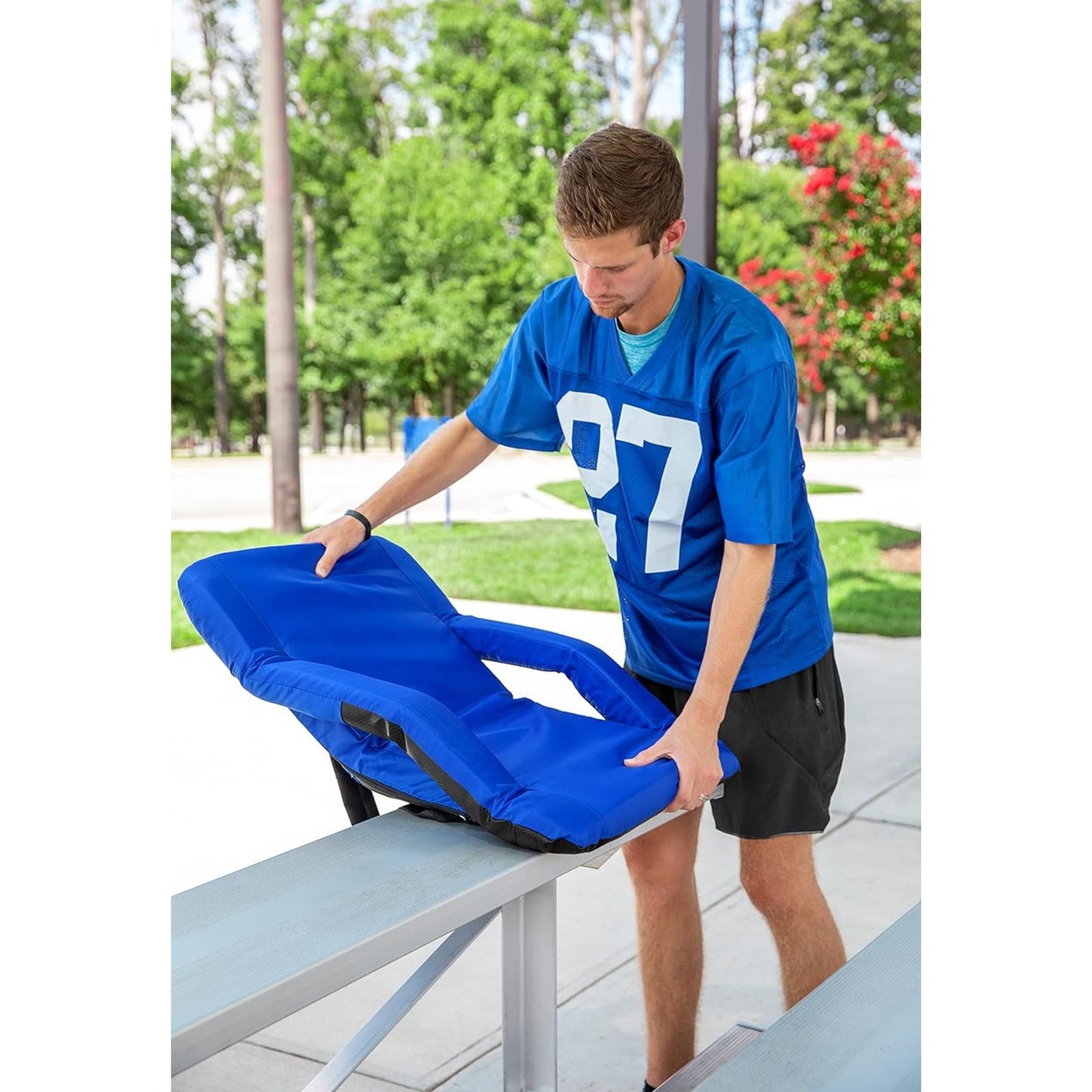 Camco Portable Stadium Seat Foldable Padded Cushion Back Support, Armrests, Blue