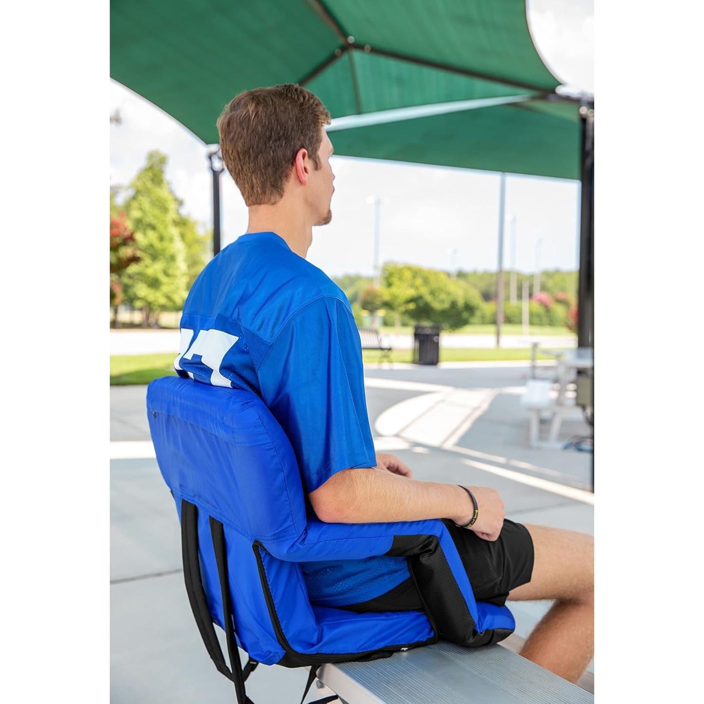 Camco Portable Stadium Seat Foldable Padded Cushion Back Support, Armrests, Blue