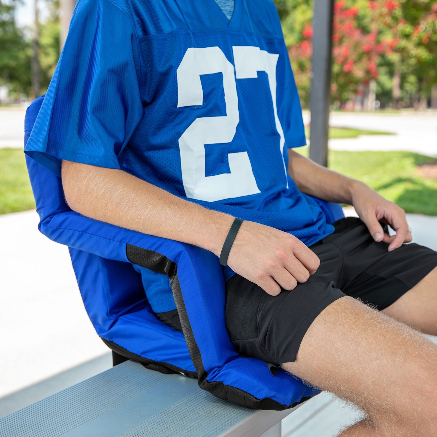 Camco Portable Stadium Seat Foldable Padded Cushion Back Support, Armrests, Blue