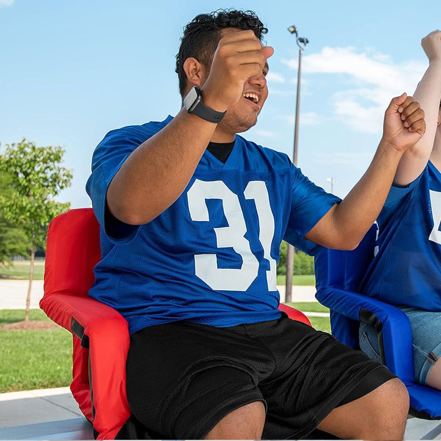 Camco Portable Stadium Seat Foldable Padded Cushion, Back Support, Armrests, Red