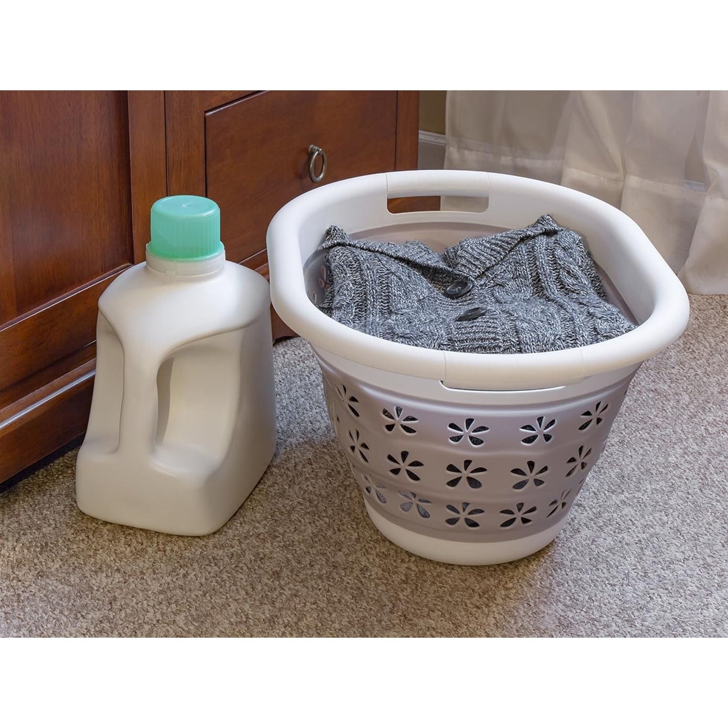 Camco Collapsible Laundry Basket, Plastic Bin, Handles for Storage, Small, Taupe