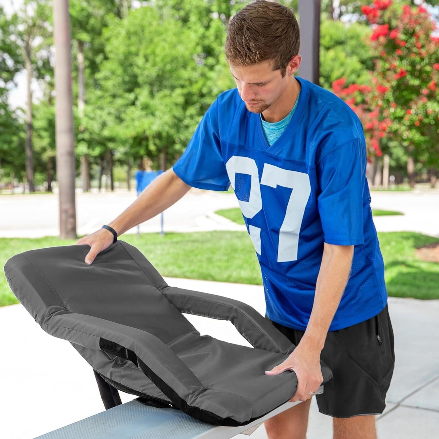 Camco Portable Stadium Seat Foldable Padded Cushion Back Support, Armrests, Grey