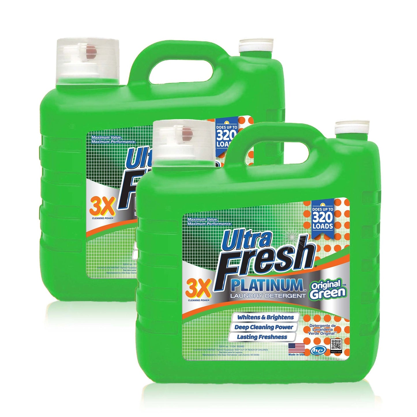 Ultra Fresh 2 Pack 3X Platinum Liquid Laundry Detergent 320 Load, Original Green