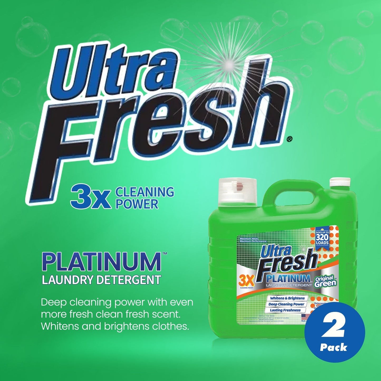 Ultra Fresh 2 Pack 3X Platinum Liquid Laundry Detergent 320 Load, Original Green