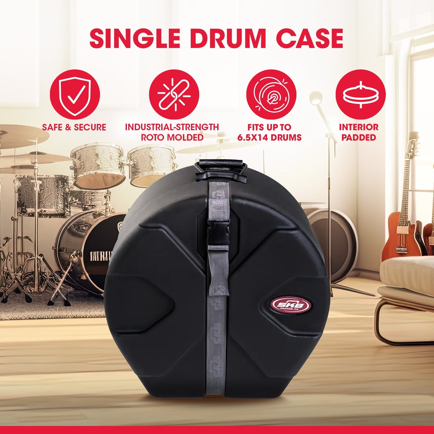 SKB Drum Case - Roto-Molded 6.5x14 Single Drum Protection with Padded Interior