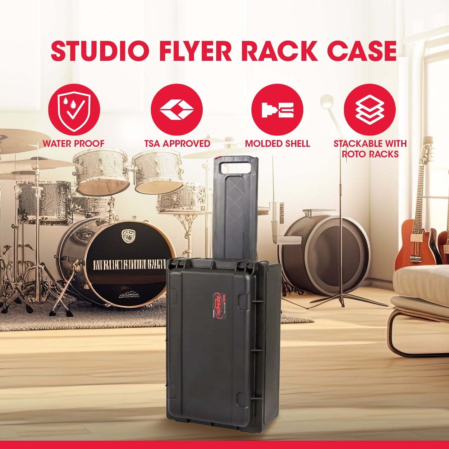 SKB 2U Studio Flyer Carry-on Rack Case with Laptop Surface, Waterproof, Black