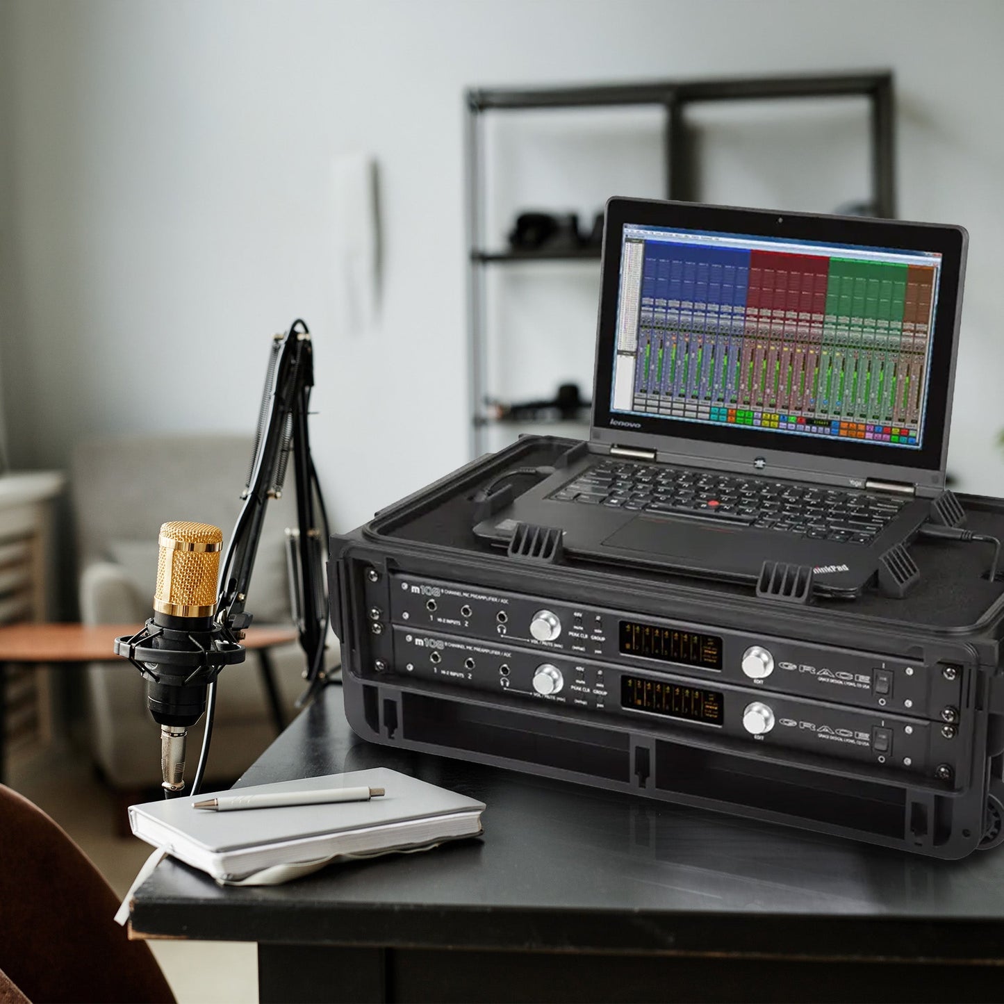 SKB 2U Studio Flyer Carry-on Rack Case with Laptop Surface, Waterproof, Black