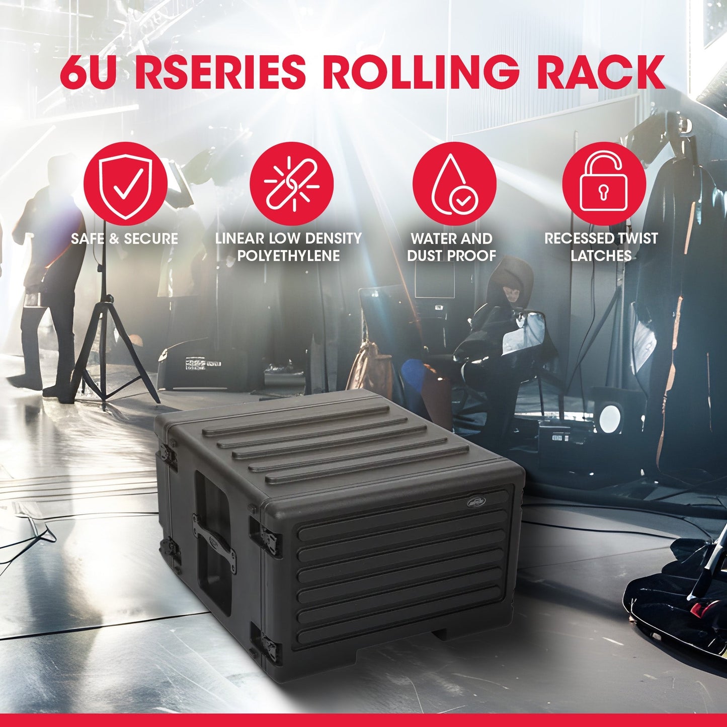 SKB 6U rSeries Rolling Rack with Integrated Back Wheels and 1-Touch Pull Handle