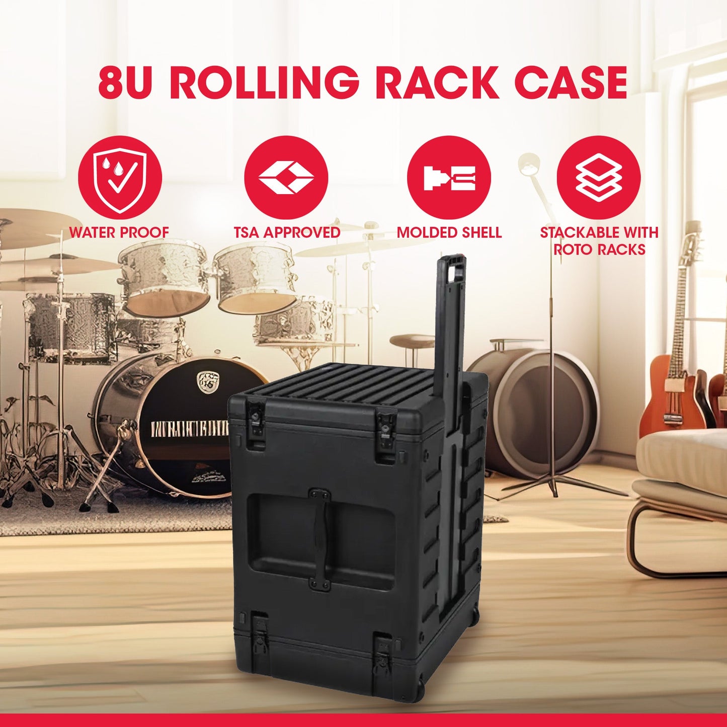 SKB 8U rSeries Rolling Rack with Integrated Back Wheels and 1-Touch Pull Handle
