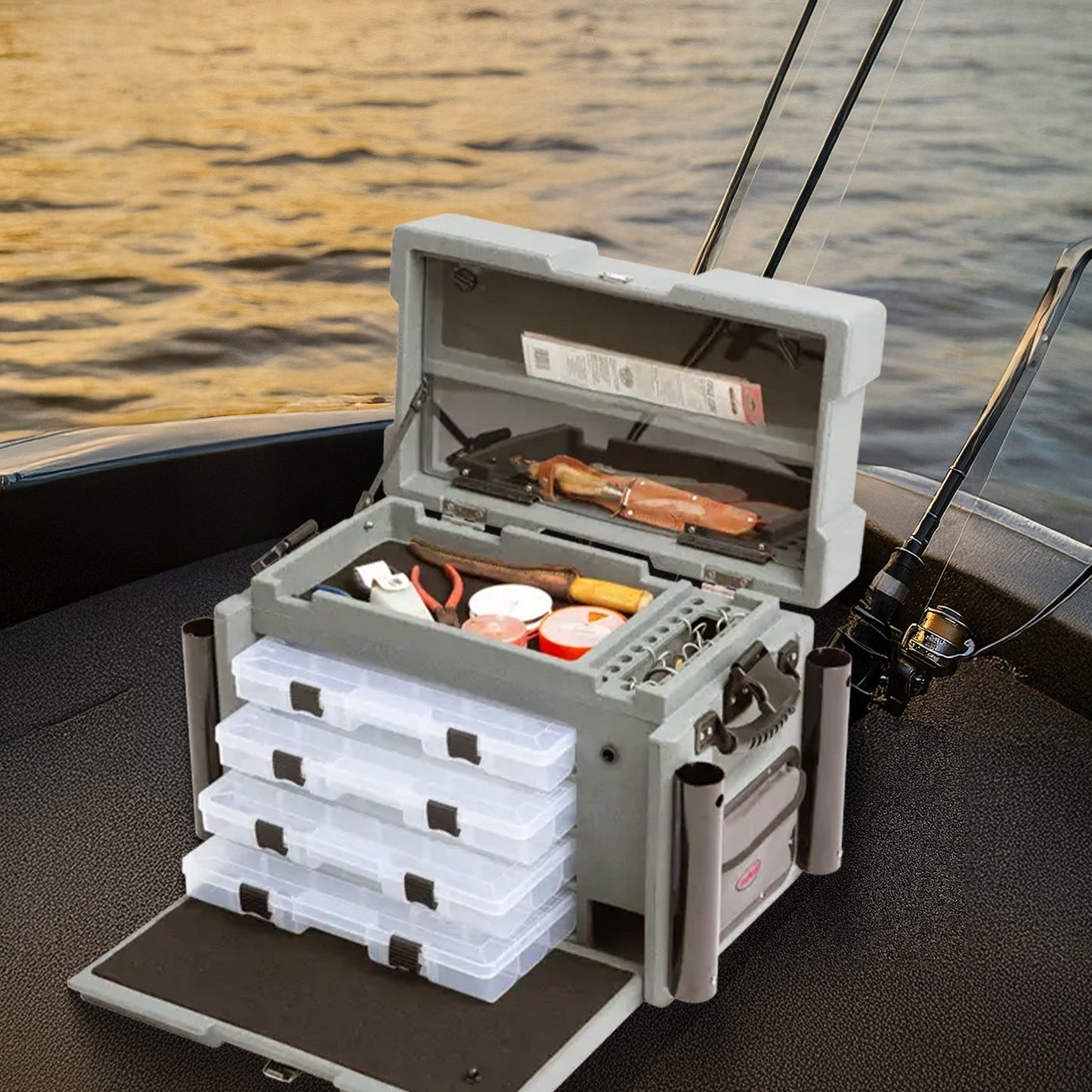 SKB Large Tackle Box, 4 Drawers with Dividers and 2 Soft Exterior Pockets, Gray