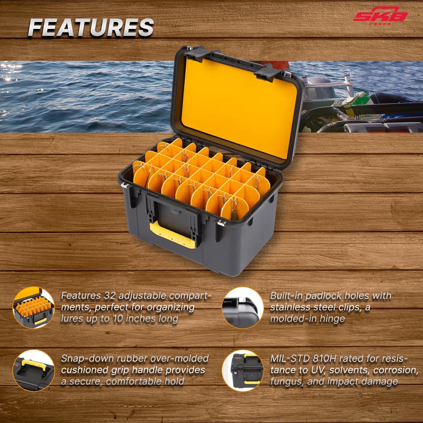 SKB iSeries Deep Lure Case 32 Adjustable Compartment Secure Fishing Box, 1610-10