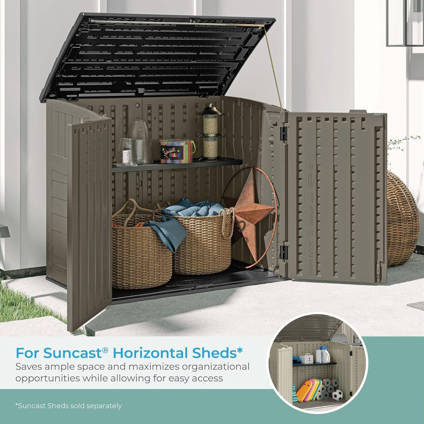 Suncast Horizontal Shed Shelf Kit Space Saving Wall Mount Outdoor Storage, Black