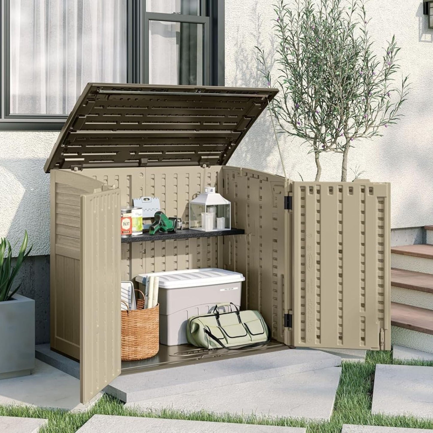 Suncast Horizontal Shed Shelf Kit Space Saving Wall Mount Outdoor Storage, Black