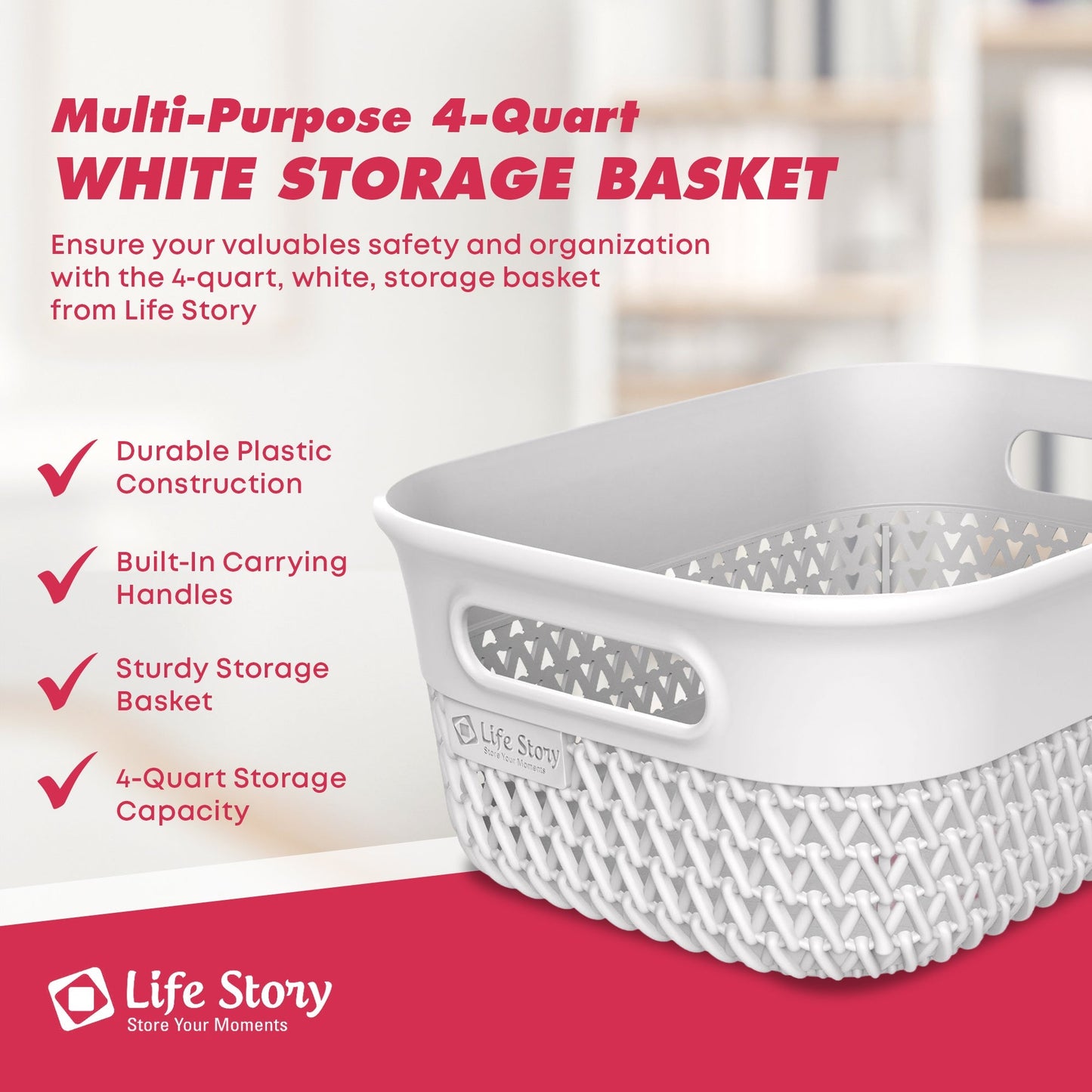 Life Story 4 Qt Decorative Storage Basket, Small Plastic Home Organizer, White