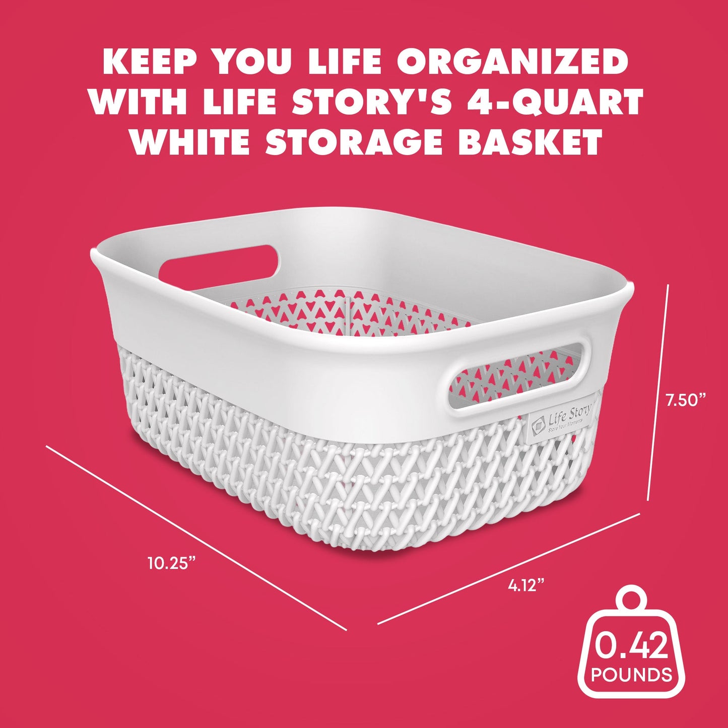 Life Story 4 Qt Decorative Storage Basket, Small Plastic Home Organizer, White