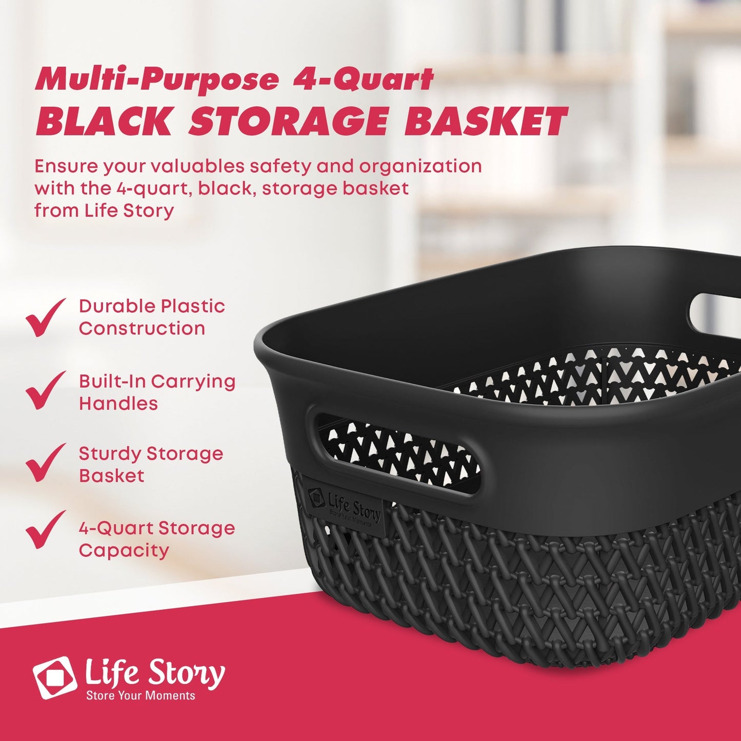 Life Story 4 Qt Decorative Storage Basket, Small Plastic Home Organizer, Black