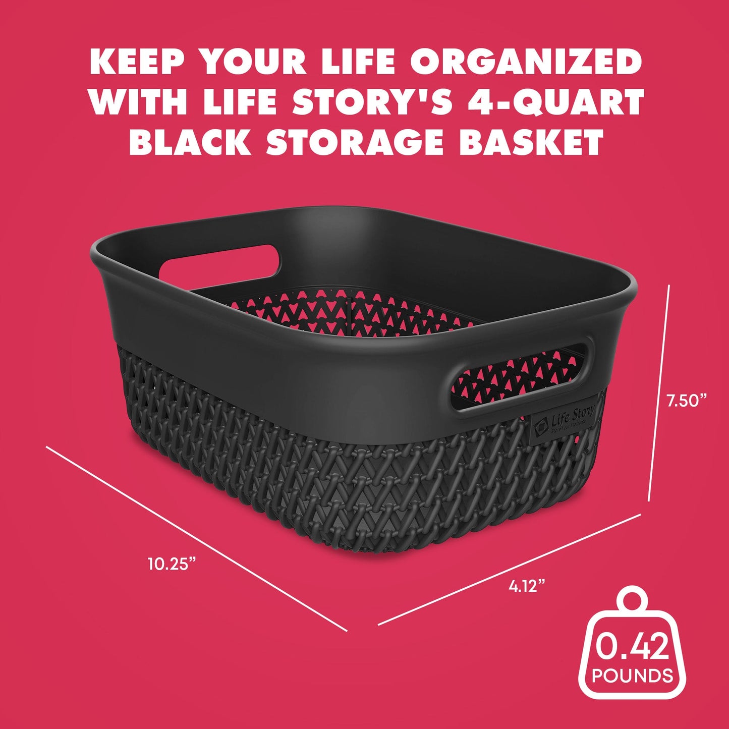Life Story 4 Qt Decorative Storage Basket, Small Plastic Home Organizer, Black