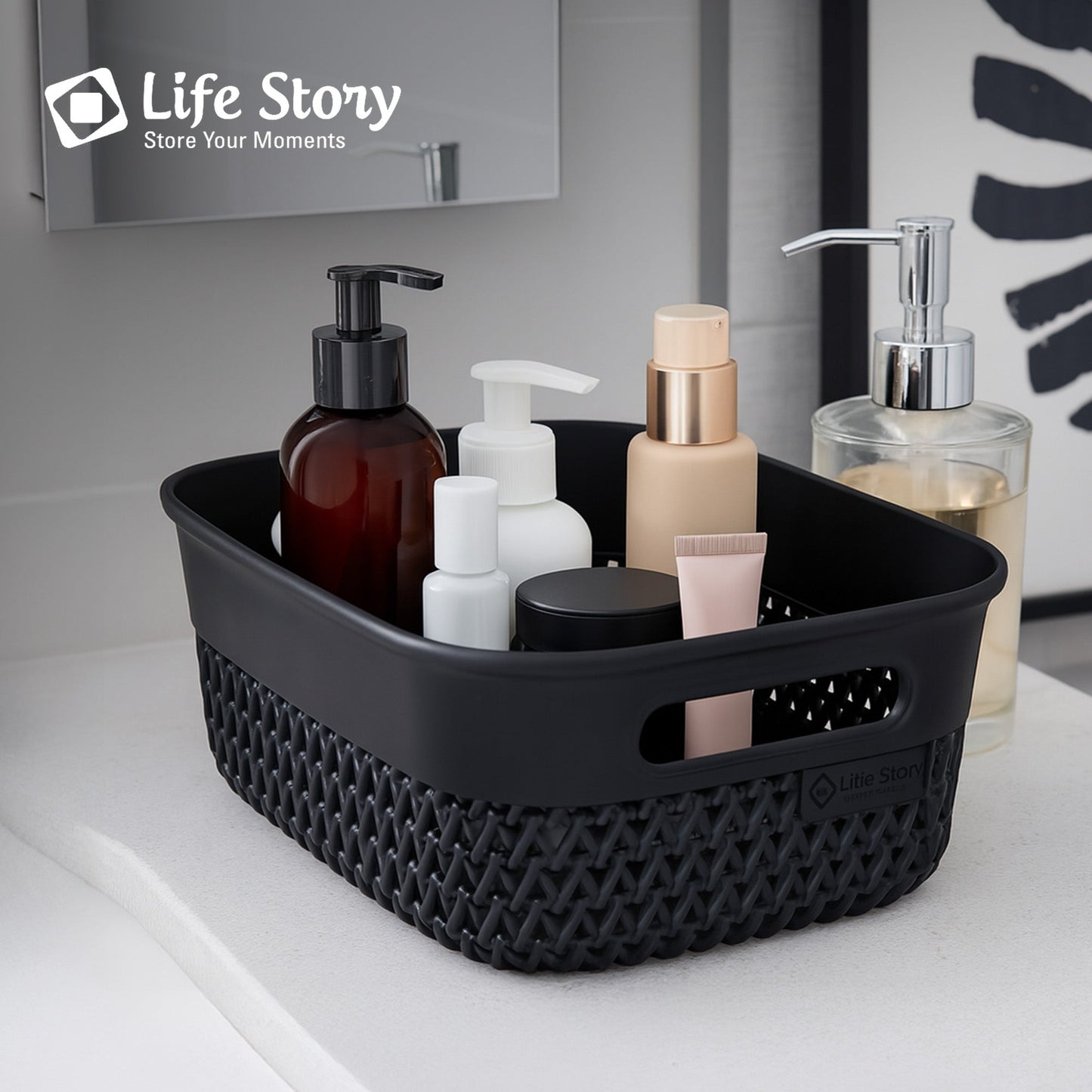 Life Story 4 Qt Decorative Storage Basket, Small Plastic Home Organizer, Black