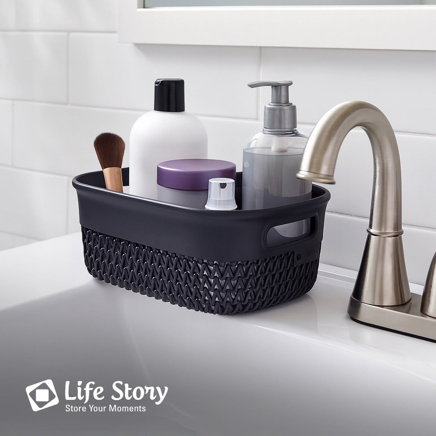 Life Story 4 Qt Decorative Storage Basket, Small Plastic Home Organizer, Black