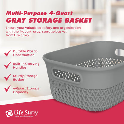 Life Story 4 Qt Decorative Storage Basket, Small Plastic Home Organizer, Gray