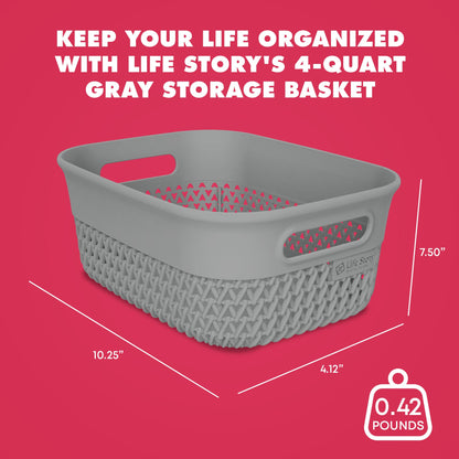 Life Story 4 Qt Decorative Storage Basket, Small Plastic Home Organizer, Gray
