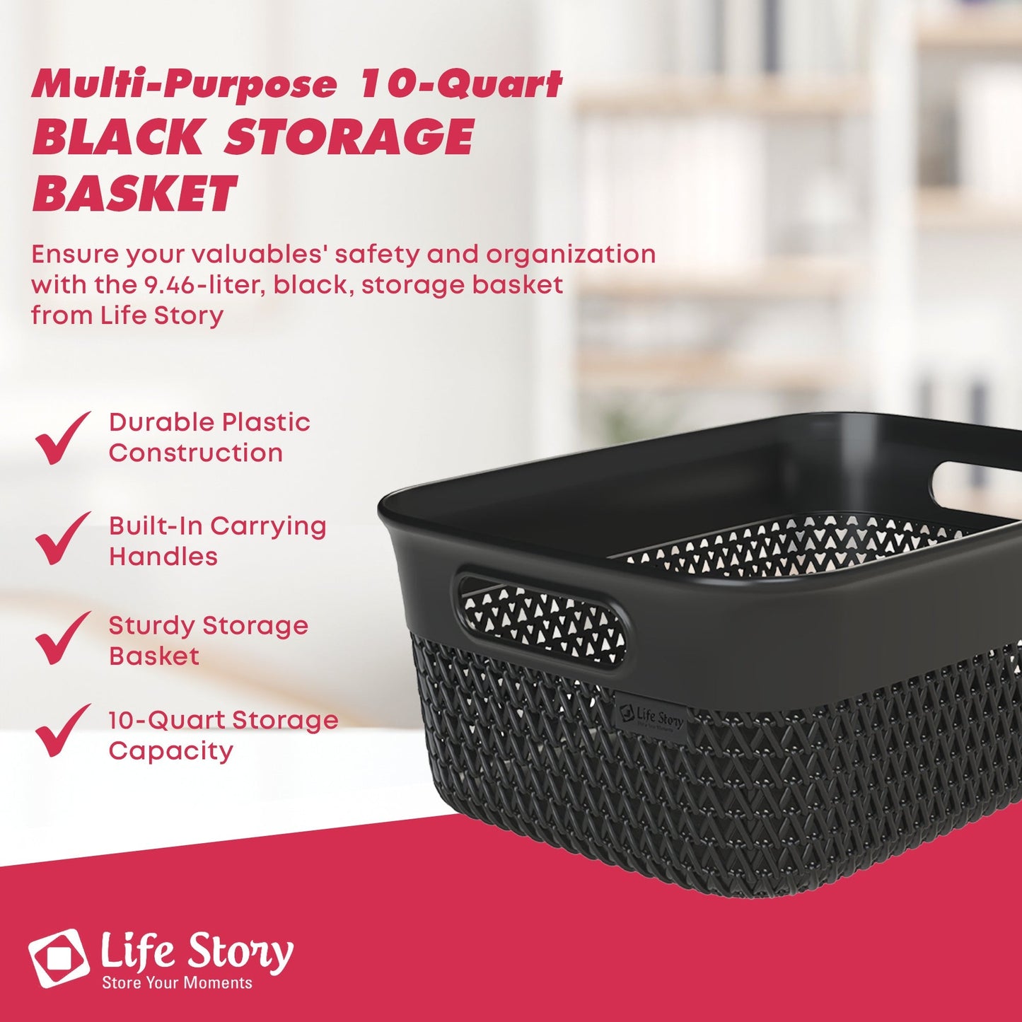 Life Story 10 Qt Decorative Storage Basket, Medium Plastic Home Organizer, Black