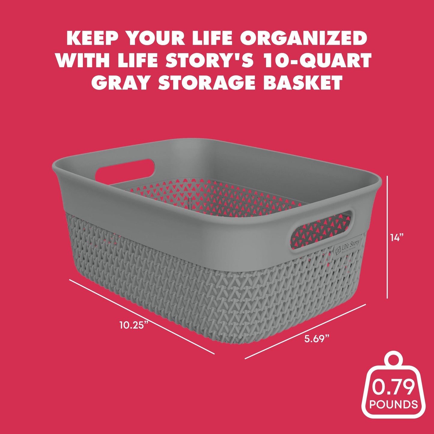 Life Story 10 Qt Decorative Storage Basket, Medium Plastic Home Organizer, Gray