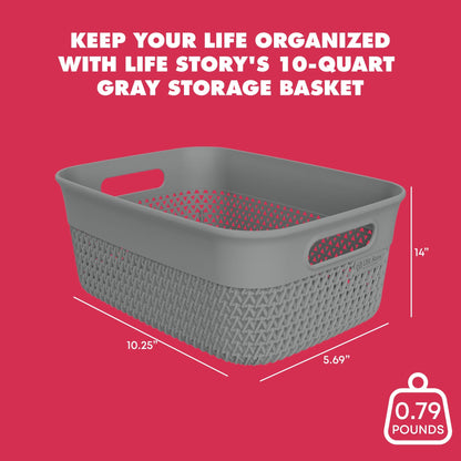 Life Story 10 Qt Decorative Storage Basket, Medium Plastic Home Organizer, Gray