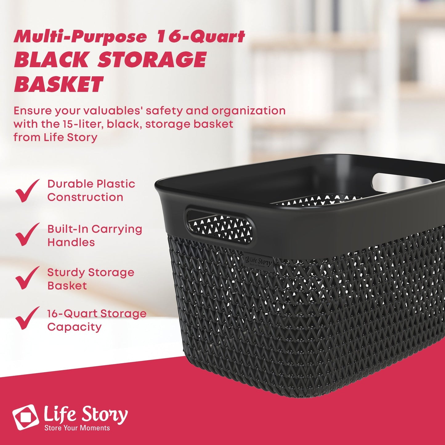 Life Story 16 Qt Decorative Storage Basket, Large Plastic Home Organizer, Black