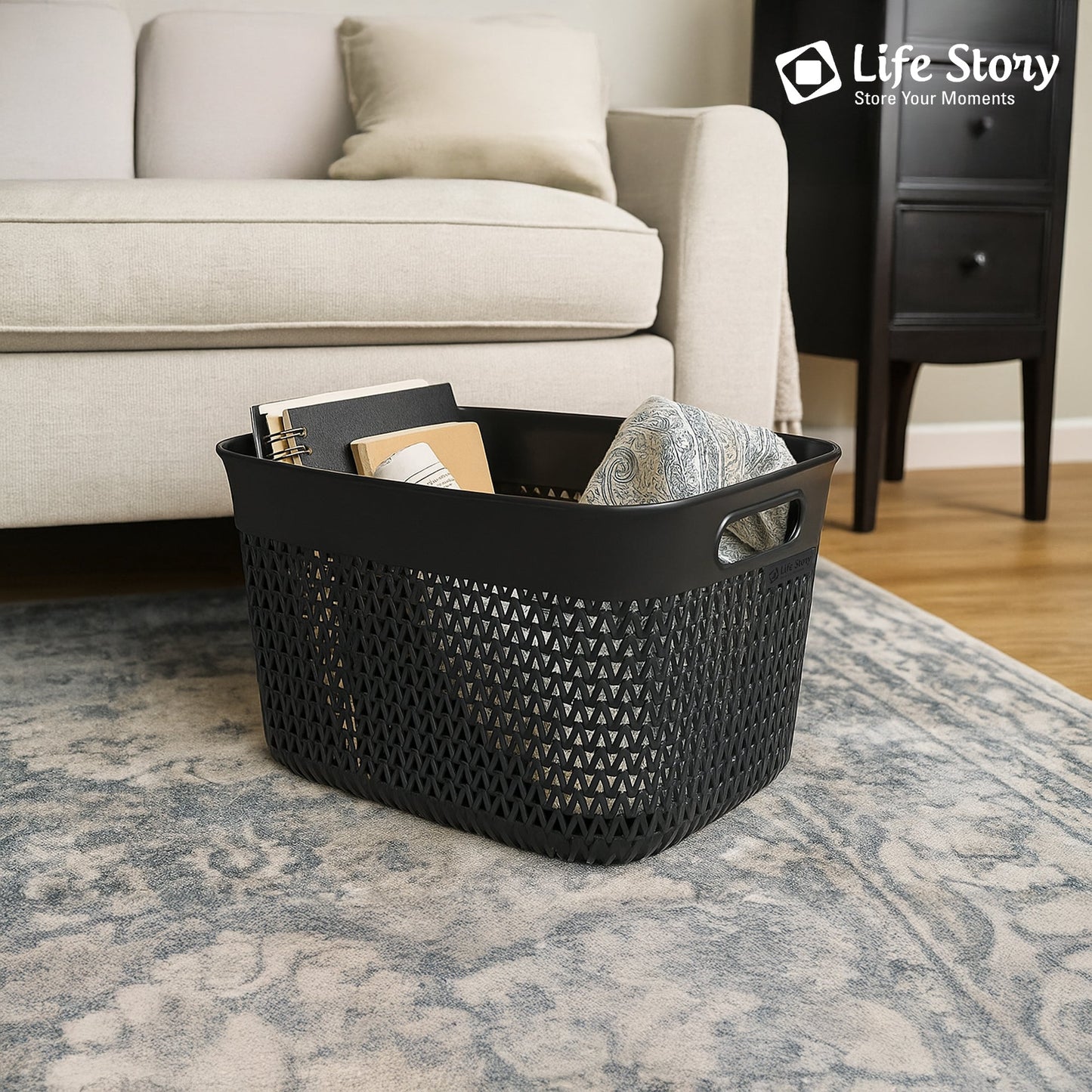 Life Story 16 Qt Decorative Storage Basket, Large Plastic Home Organizer, Black