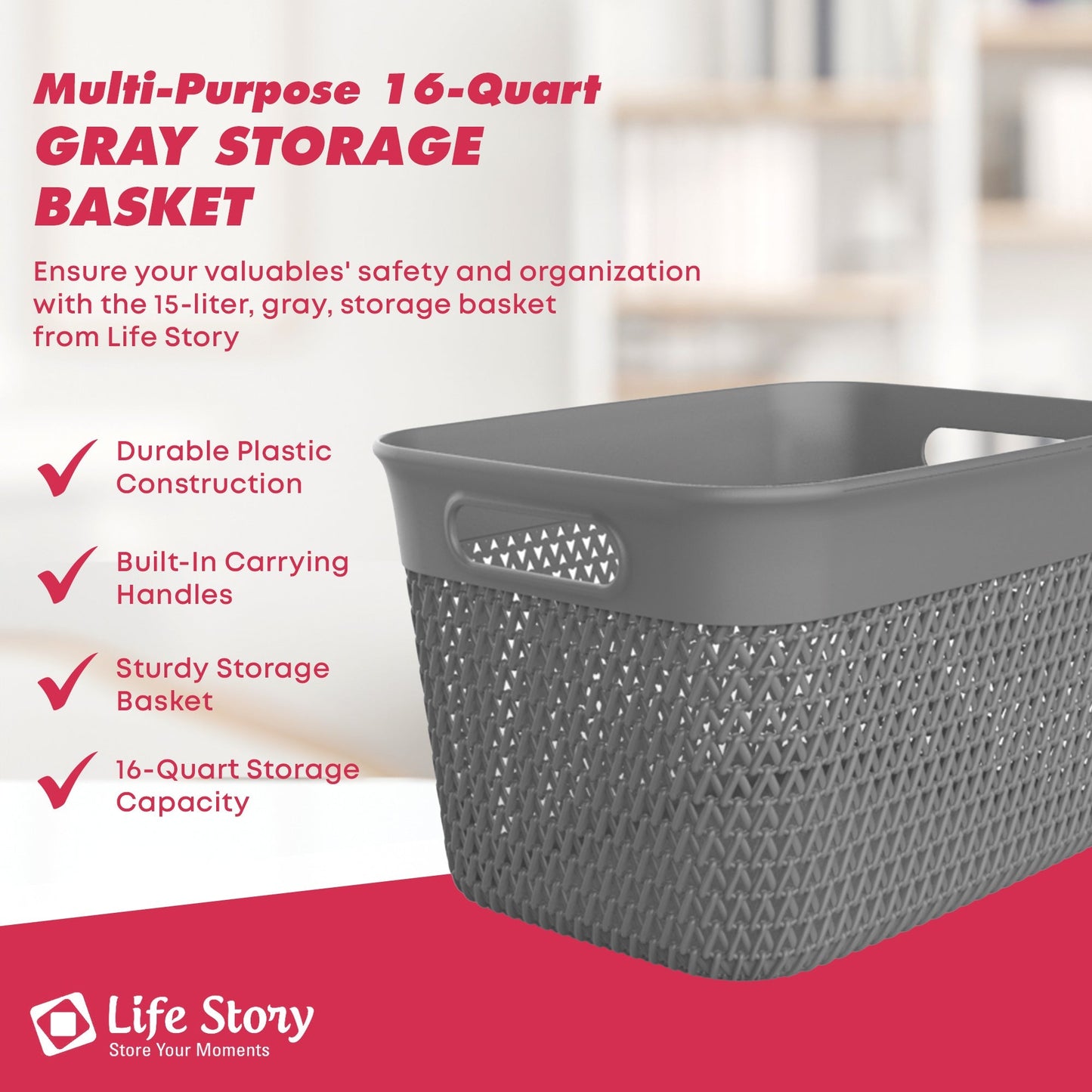 Life Story 16 Qt Decorative Storage Basket, Large Plastic Home Organizer, Gray