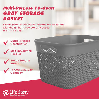Life Story 16 Qt Decorative Storage Basket, Large Plastic Home Organizer, Gray