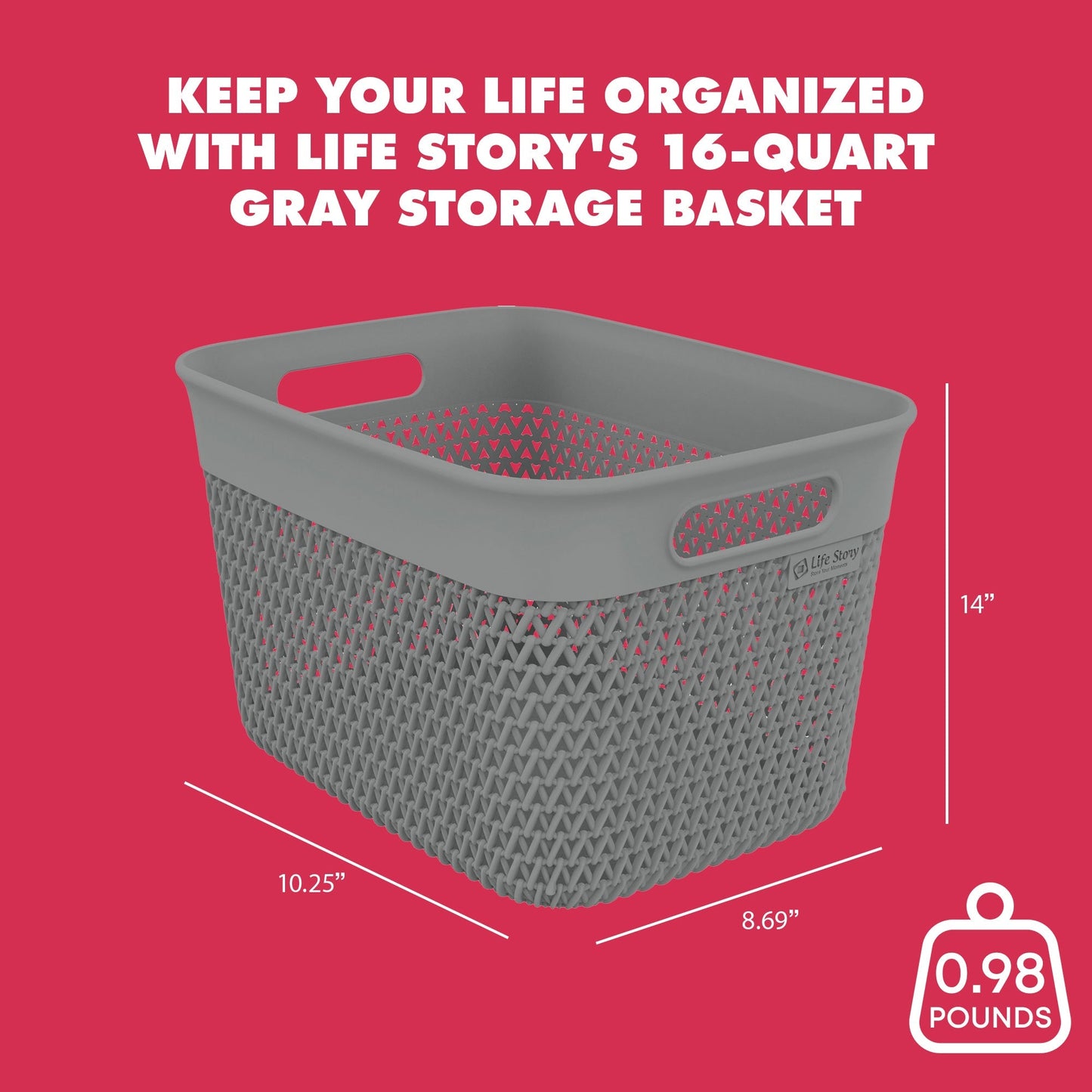 Life Story 16 Qt Decorative Storage Basket, Large Plastic Home Organizer, Gray