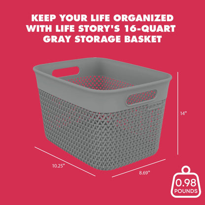 Life Story 16 Qt Decorative Storage Basket, Large Plastic Home Organizer, Gray