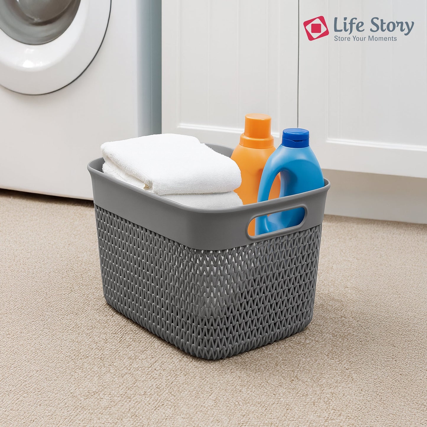 Life Story 16 Qt Decorative Storage Basket, Large Plastic Home Organizer, Gray