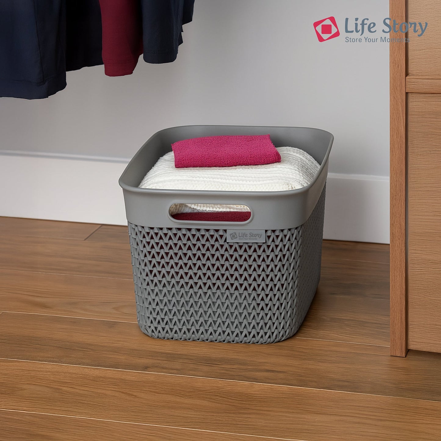 Life Story 16 Qt Decorative Storage Basket, Large Plastic Home Organizer, Gray