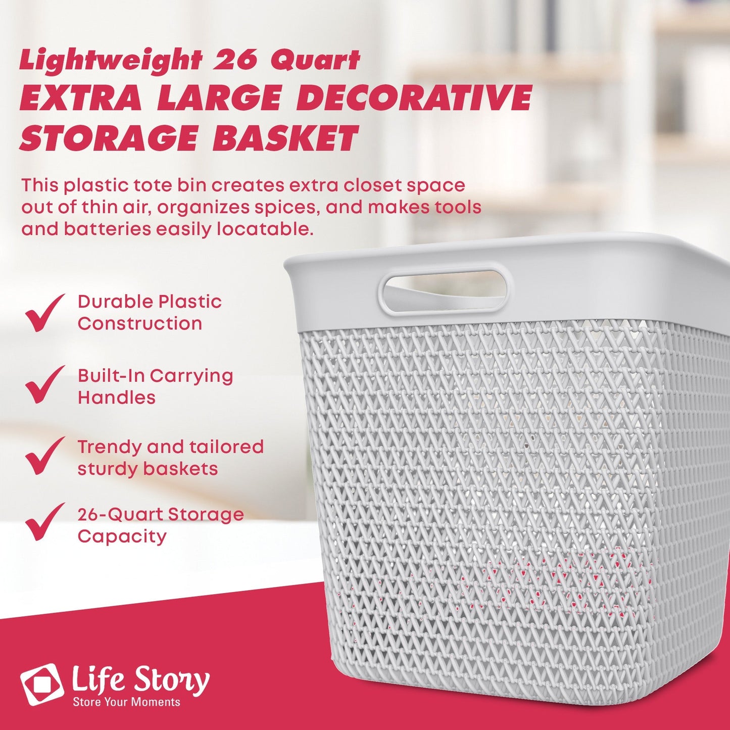 Life Story 26 Qt Decorative Storage Basket, Extra Large Plastic Home Organizer