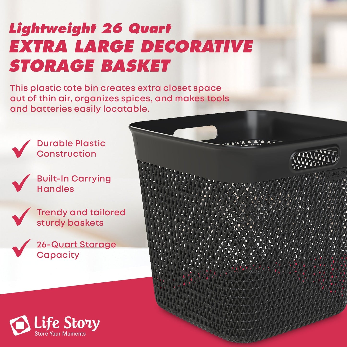 Life Story 26 Qt Decorative Storage Basket, Extra Large Plastic Home Organizer